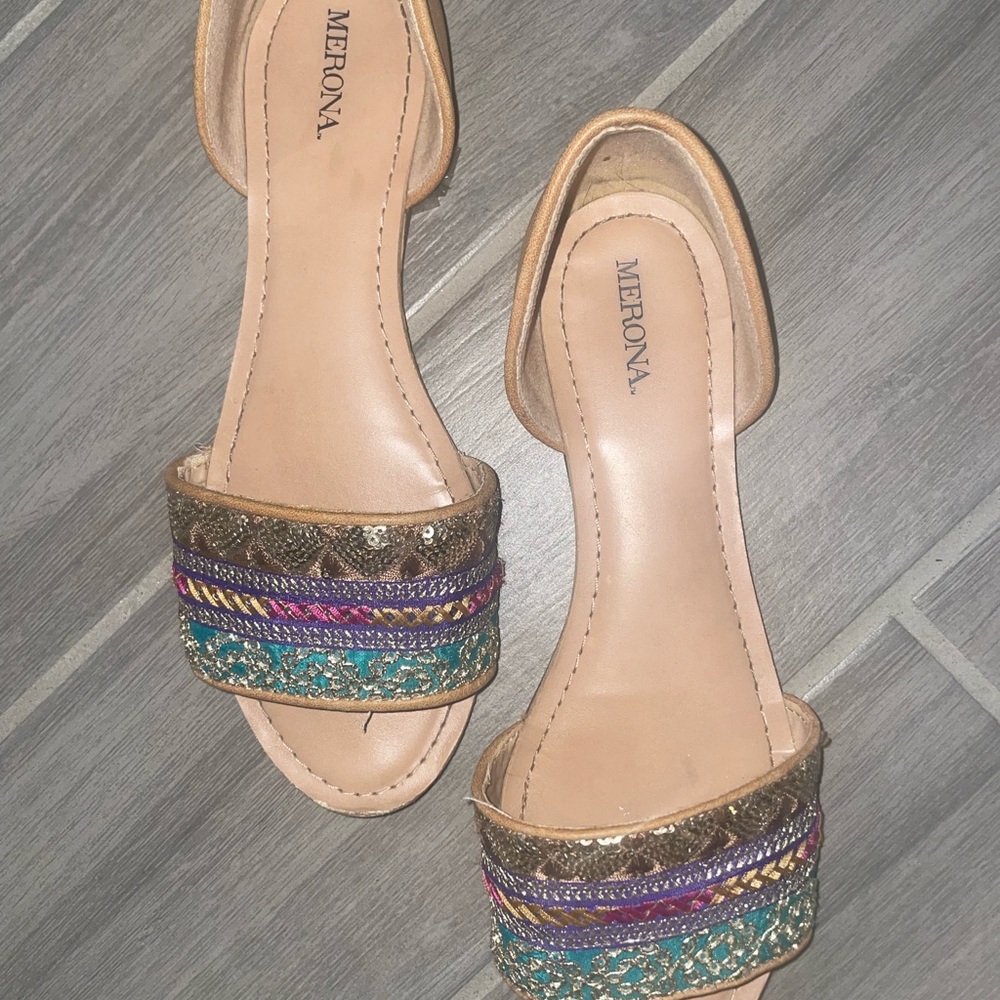 Merona Tan Slide Sandals with Multicolor Embellished Straps